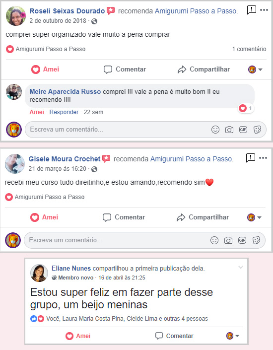 Comentários no Facebook com feedback do curso de amigurumi
